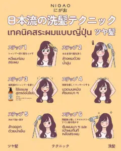 อินโฟกราฟิกแนะนำ &ldquo;เทคนิคสระผมแบบญี่ปุ่น&rdquo; โดย NIGAO มีทั้งหมด 6 ขั้นตอน ได้แก่ หวีผมก่อนสระผม, ล้างผมด้วยน้ำอุ่น, ใช้แชมพูสูตรอ่อนโยน, นวดหนังศีรษะเบา ๆ, ล้างออกด้วยน้ำเย็น และซับผมเบา ๆ พร้อมเป่าผมทันทีหลังสระ 3