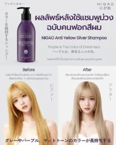 ภาพ Before/After ผลลัพธ์หลังใช้ NIGAO Anti Yellow Silver Shampoo แชมพูม่วงสำหรับผมฟอกและผมทำสี โดย Before สีผมเริ่มเฟดและดูหมอง และ After สีผมกลับมาโทนหม่นสวย ไม่ติดเหลือง และดูคมชัด