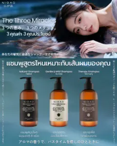 ภาพโปรโมต NIGAO Shampoo ทั้ง 3 สูตร ได้แก่ Natural Herbal, Gentle & Mild และ Therapy Harmony พร้อมข้อความ The Three Miracles และ 3 คุณประโยชน์ของแชมพูแต่ละสูตร ราคา 170 บาท