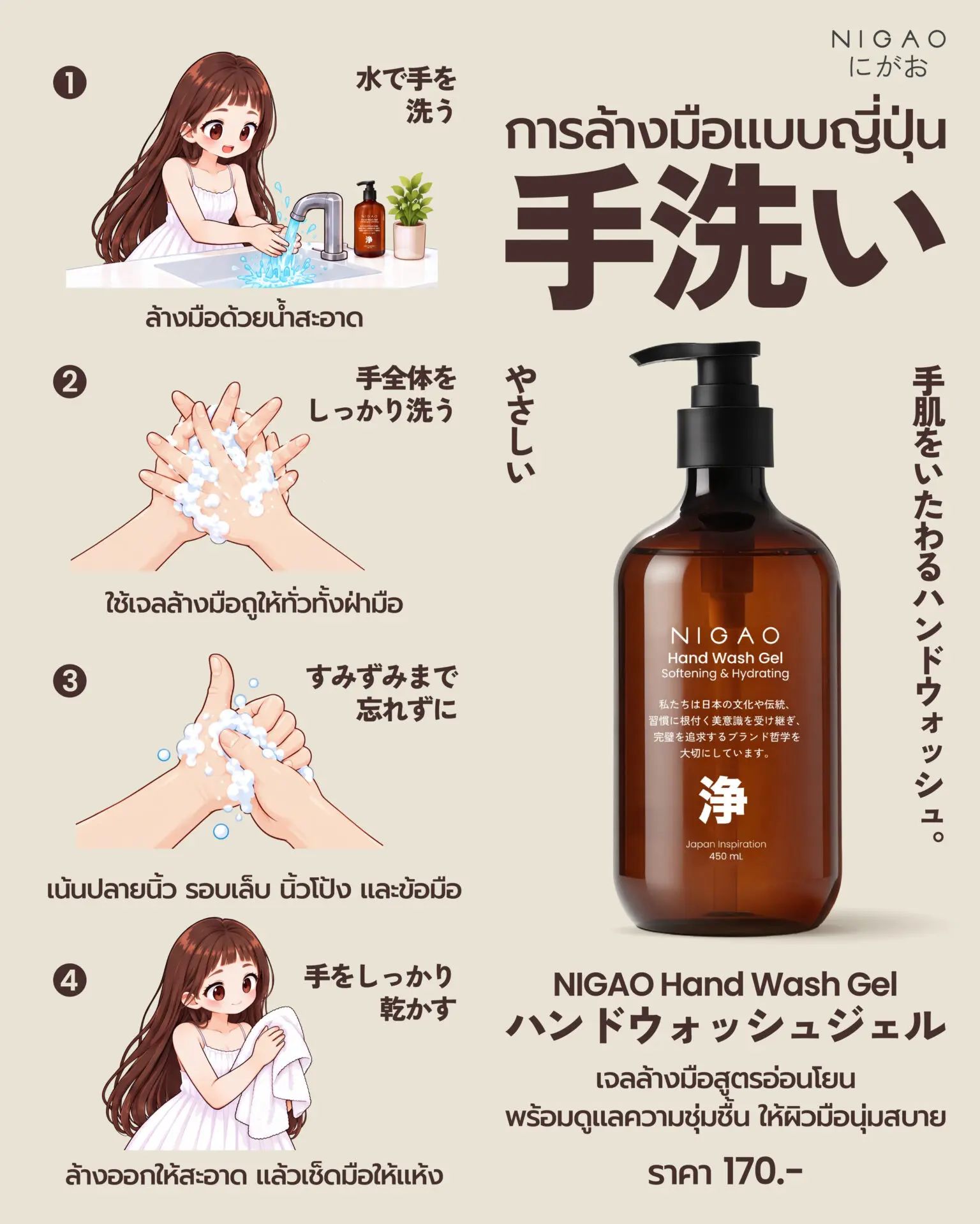 การล้างมือแบบญี่ปุ่น 4 ขั้นตอน ด้วย NIGAO Hand Wash Gel
